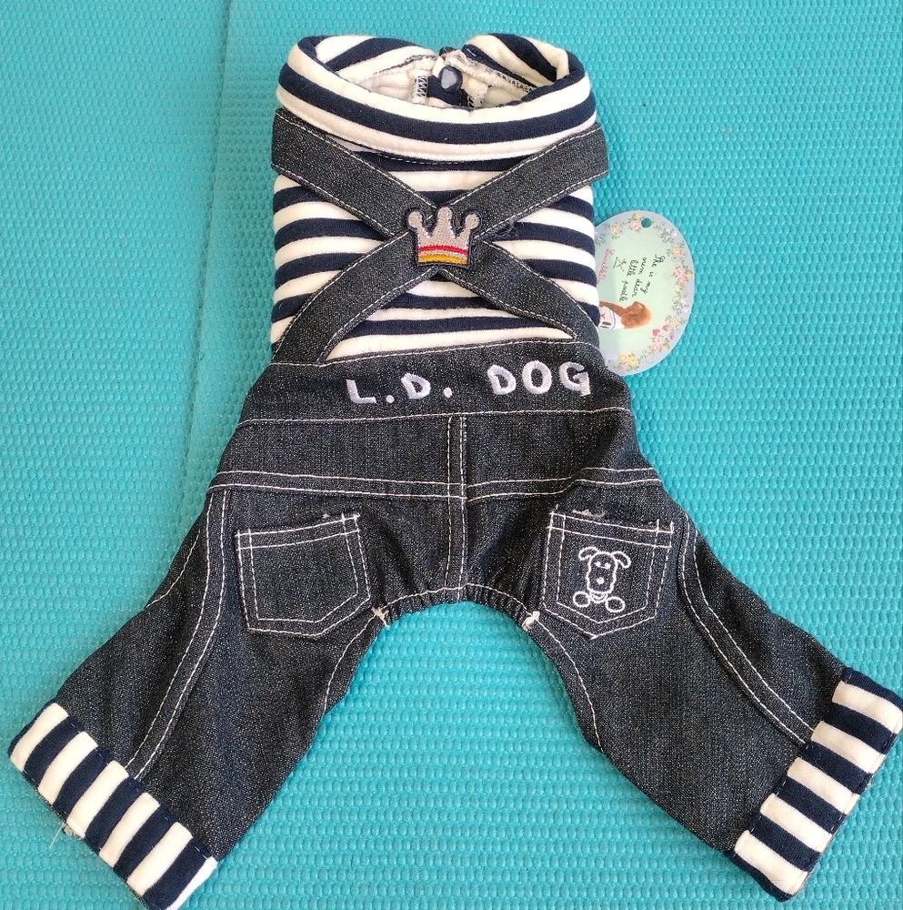 LD Dog (Pets) Denim Overall Jumpsuit Apparel - Blue Stripes - Size 2